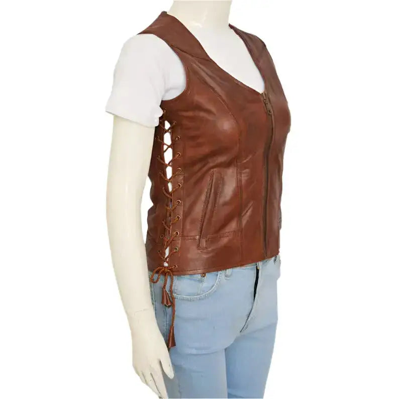 Womens Brown Leather Vest - Riders Republic UK