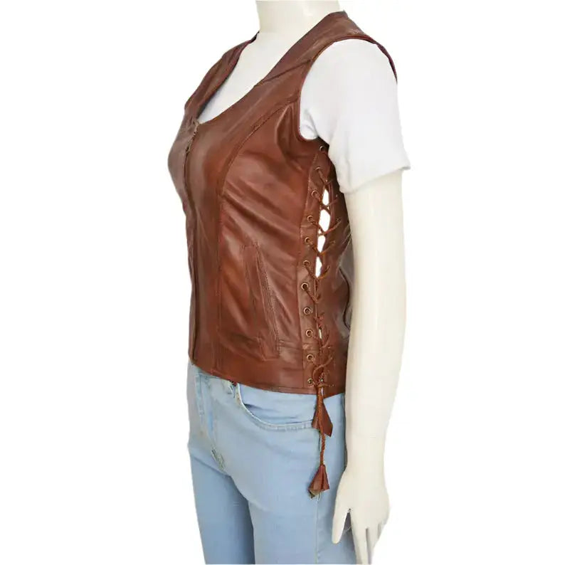 Womens Brown Leather Vest - Riders Republic UK