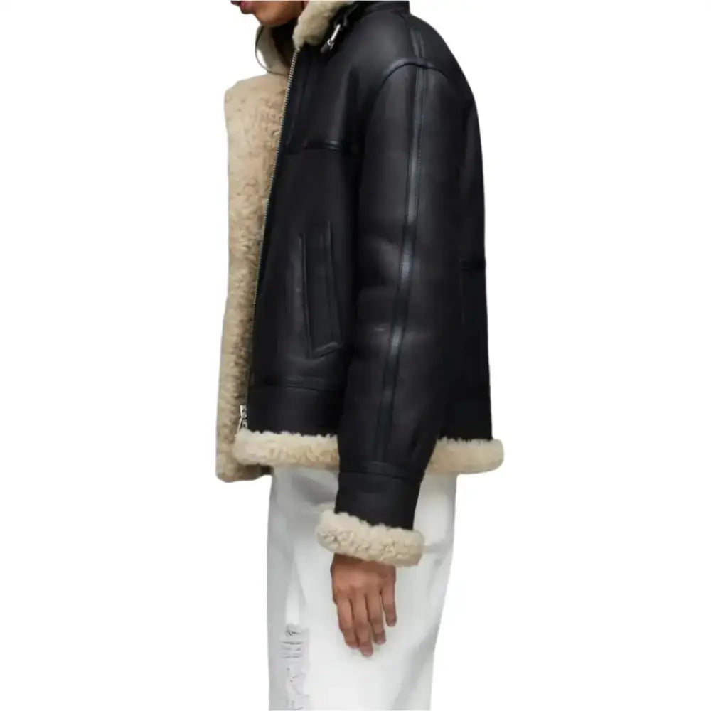Black Shearling Leather Aviator Jacket - Riders Republic UK