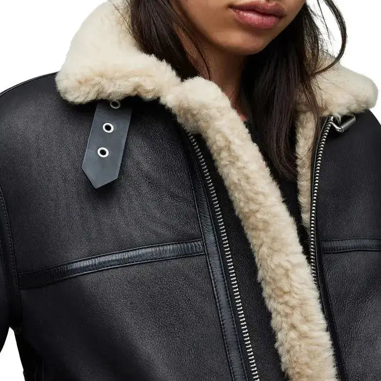 Black Shearling Leather Aviator Jacket - Riders Republic UK