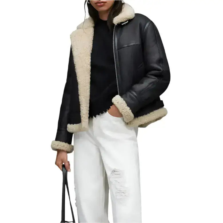 Black Shearling Leather Aviator Jacket - Riders Republic UK