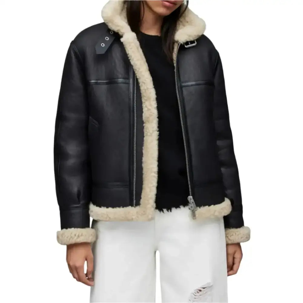Black Shearling Leather Aviator Jacket - Riders Republic UK