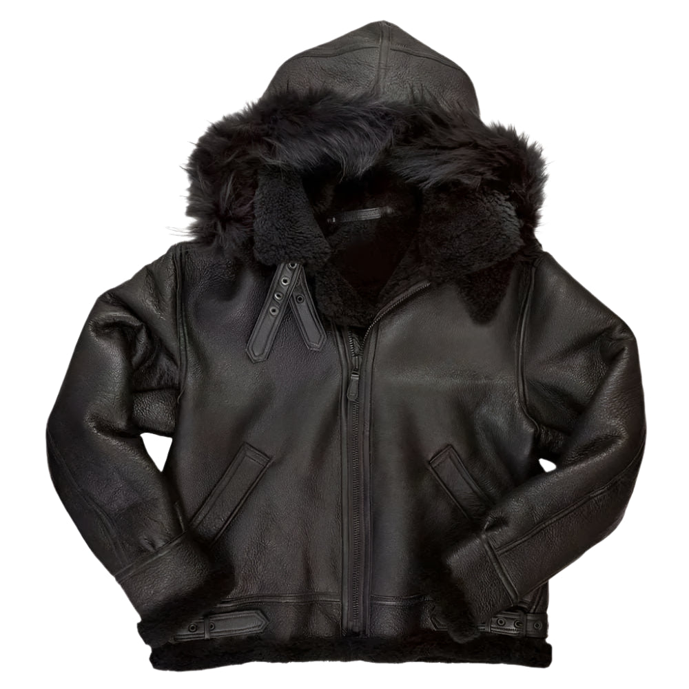 B-3 Black Hooded Leather Bomber Jacket - Riders Republic UK