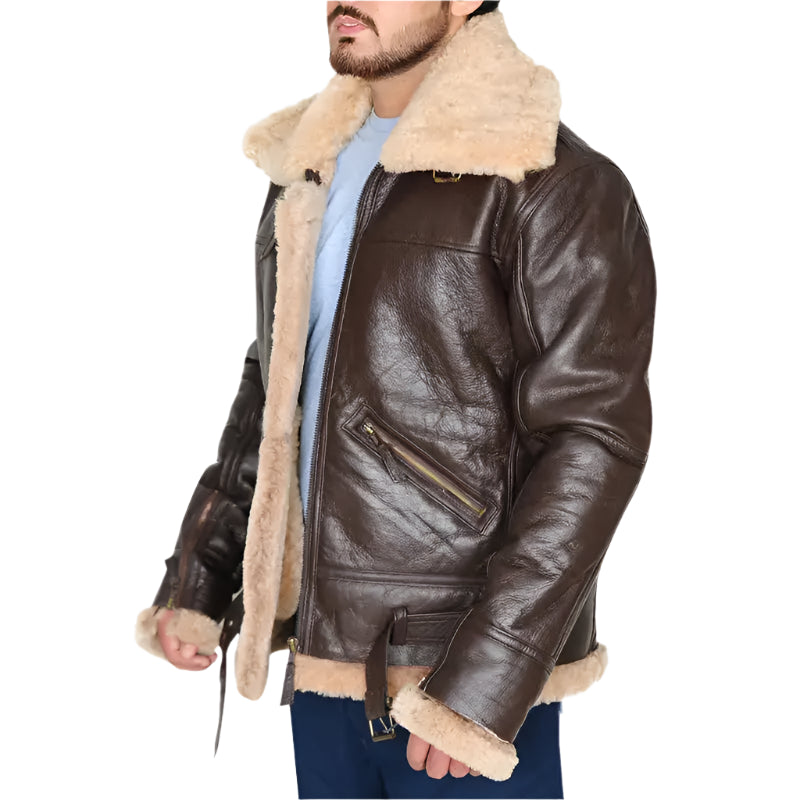 Mens B3 Brown Shearling Bomber Jacket - Riders Republic UK