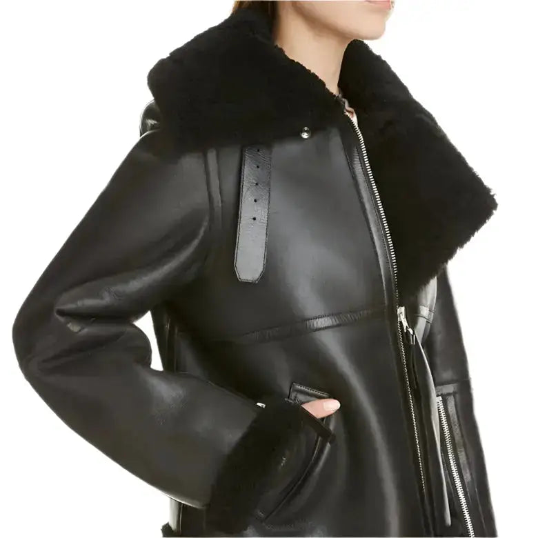 Womens Black Aviator Sherpa Leather Jacket - Riders Republic UK