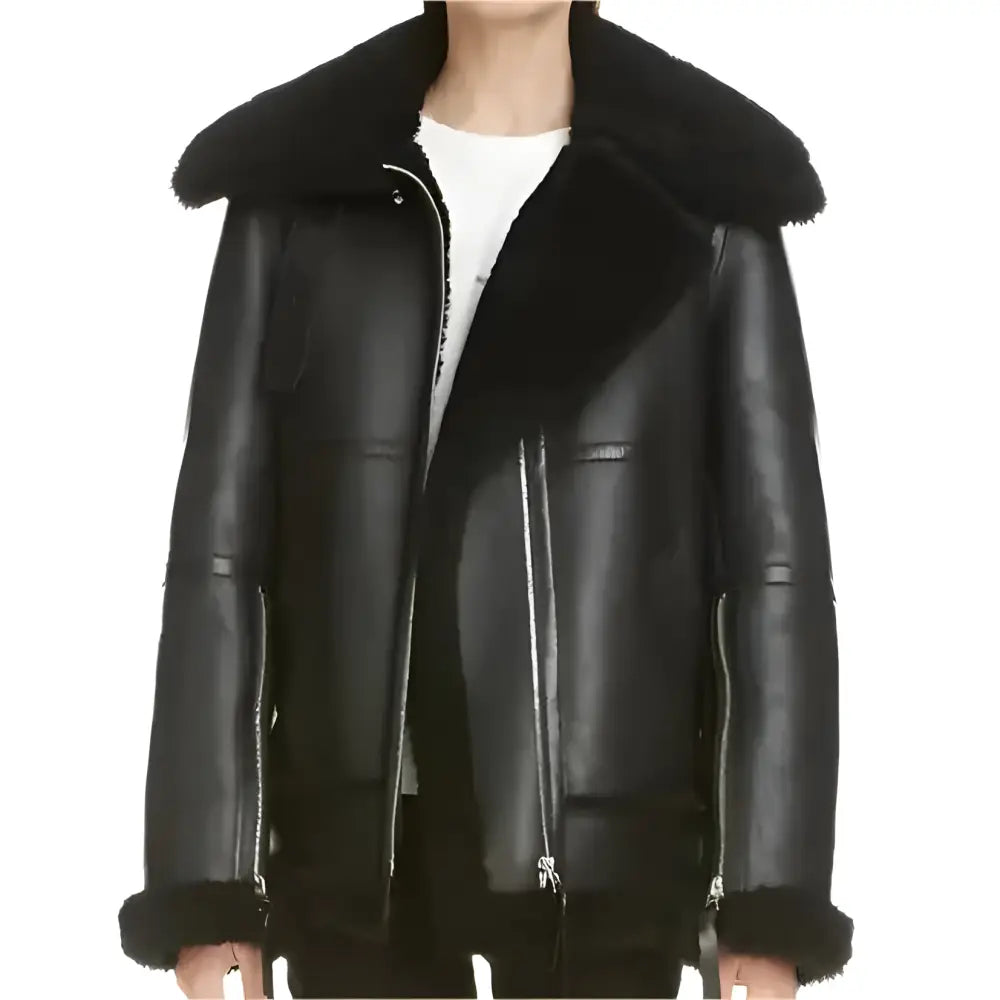 Womens Black Aviator Sherpa Leather Jacket - Riders Republic UK