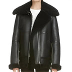 Womens Black Aviator Sherpa Leather Jacket - Riders Republic UK