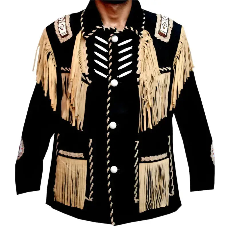 Black Western Leather Jacket with Fringes and Beads - Riders Republic UK