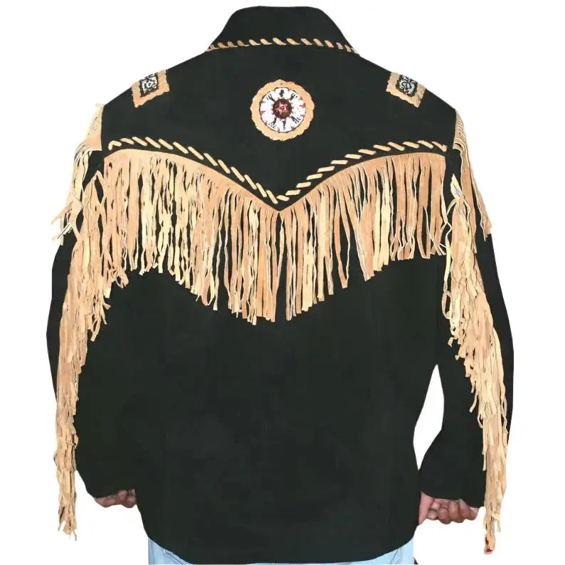 Black Western Leather Jacket with Fringes and Beads - Riders Republic UK