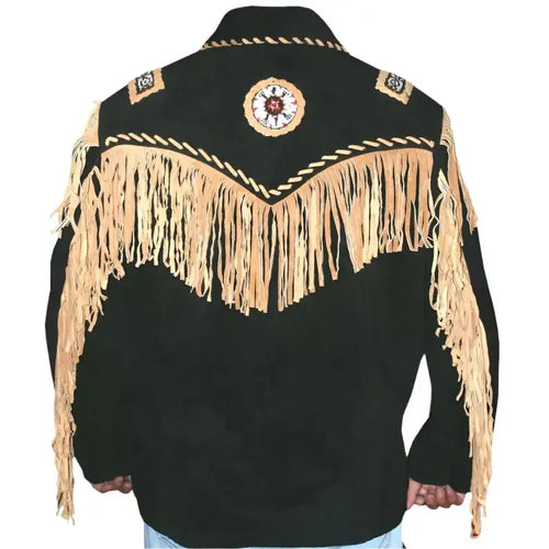Black Western Leather Jacket with Fringes and Beads - Riders Republic UK
