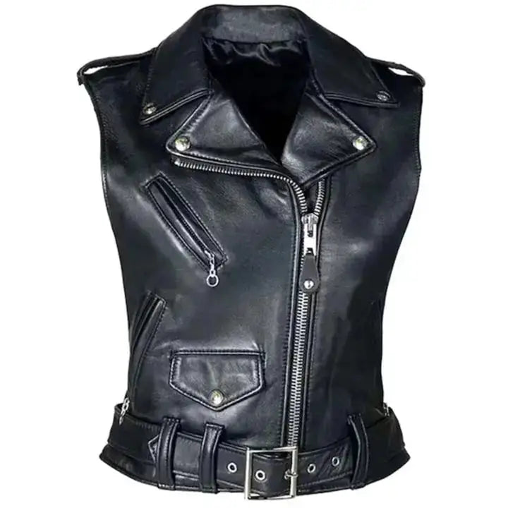 Womens Black Leather Biker Vest - Riders Republic UK