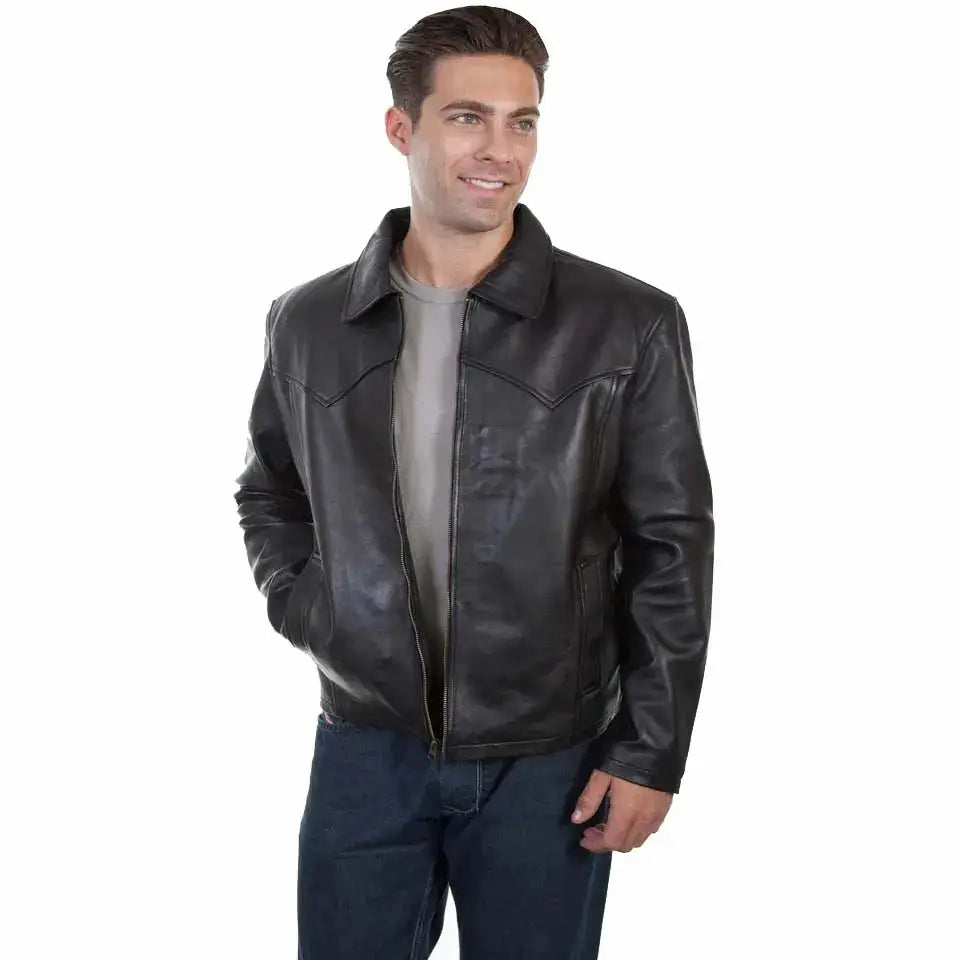 Black Leather Jacket Turn Down Collar - Riders Republic UK