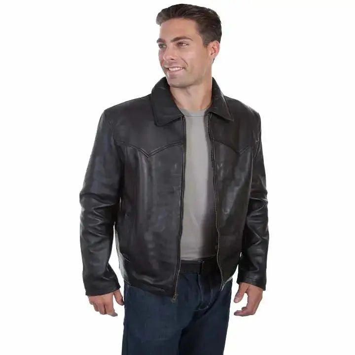 Black Leather Jacket Turn Down Collar - Riders Republic UK