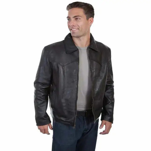 Black Leather Jacket Turn Down Collar - Riders Republic UK