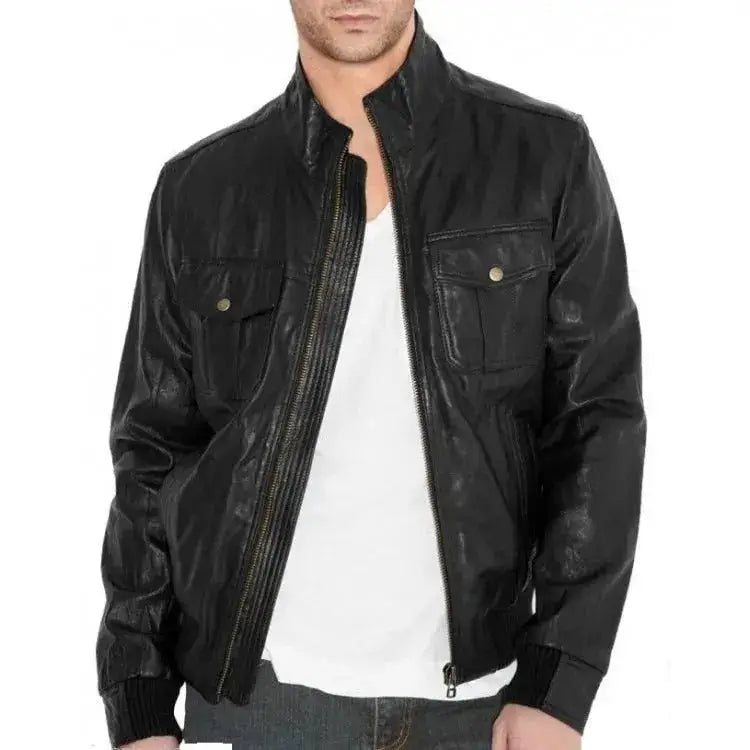 Black Leather Bomber Jacket Mens - Riders Republic UK