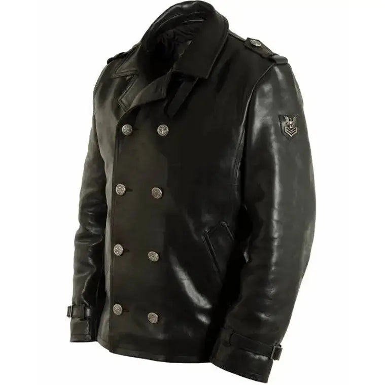 Black Leather Pea Coat - Riders Republic UK