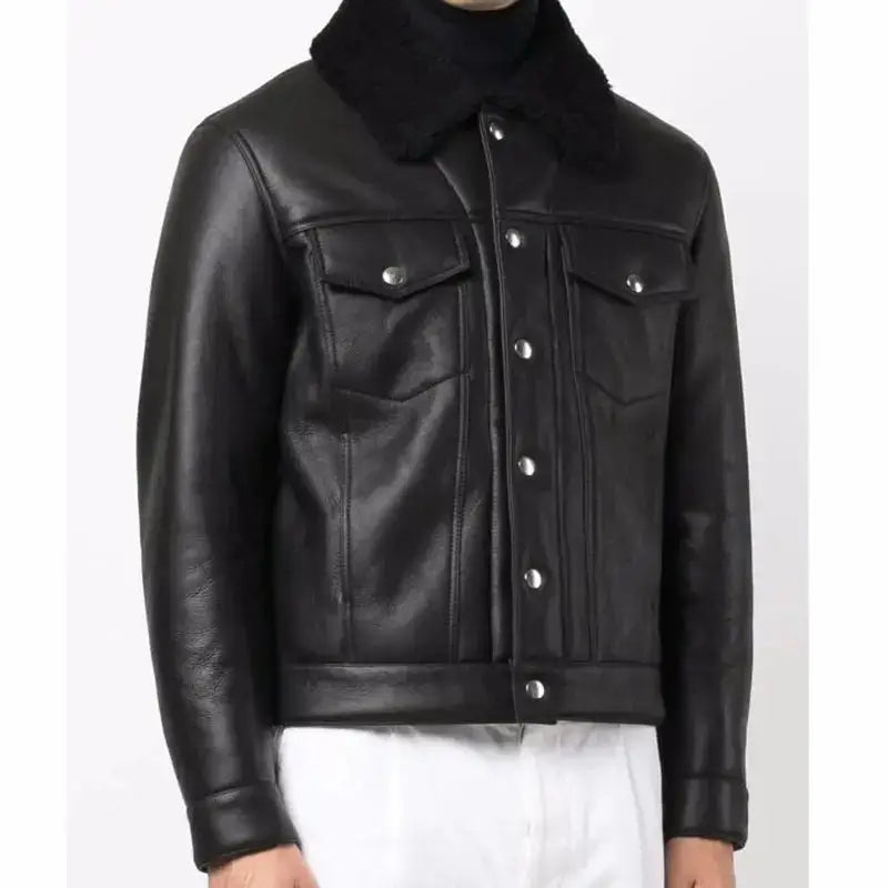 Black leather trucker jacket for men with warm faux shearling collar and vintage western style