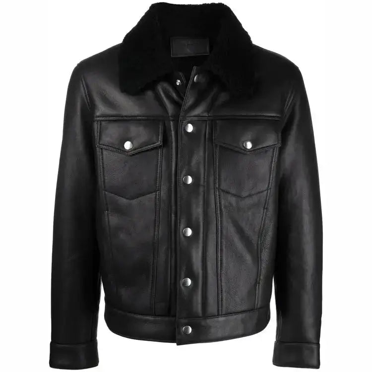 Men’s black genuine leather trucker jacket with faux shearling collar, button front and buttoned cuffs