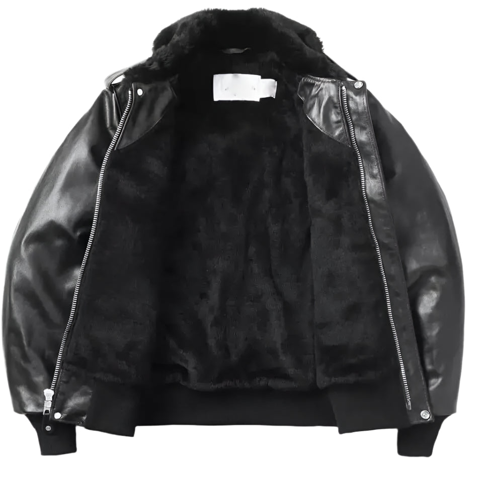 Black Mens Shearling Aviator Leather Jacket - Riders Republic UK