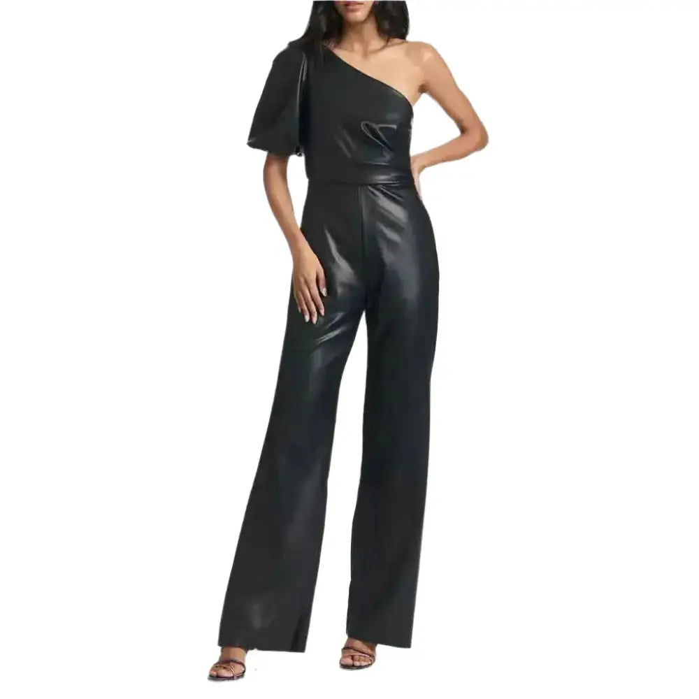 Black One Shoulder Flared Leather Jumpsuit for Women - Riders Republic UK