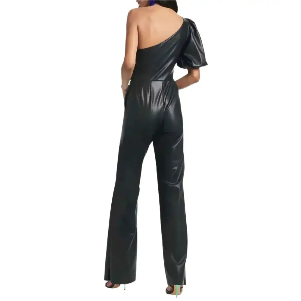 Black One Shoulder Flared Leather Jumpsuit for Women - Riders Republic UK
