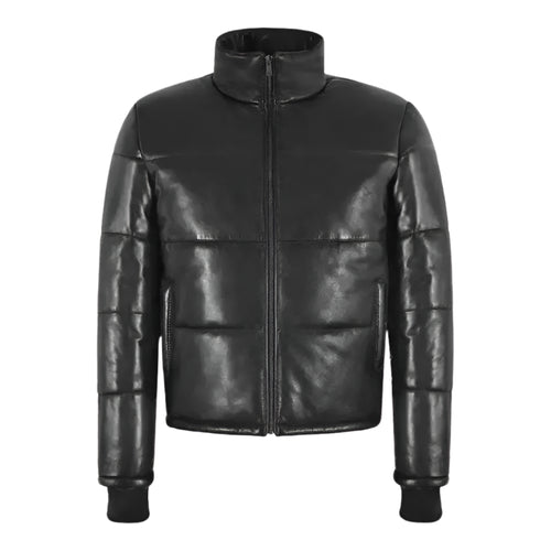 Black Real Leather Puffer Winter Jacket - Riders Republic UK