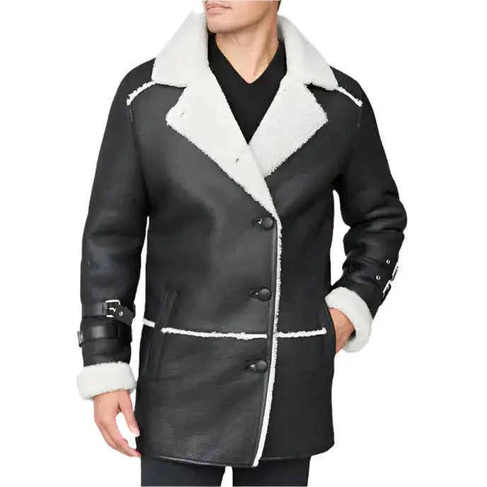 Black Shearling Sheepskin Car Coat - Riders Republic UK