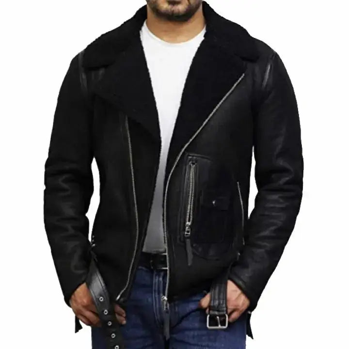 Black Sheepskin Leather Aviator Jacket - Riders Republic UK