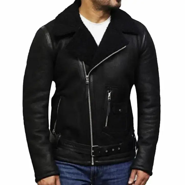 Black Sheepskin Leather Aviator Jacket - Riders Republic UK
