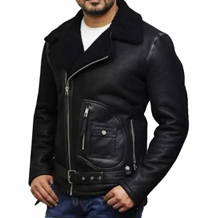 Black Sheepskin Leather Aviator Jacket - Riders Republic UK