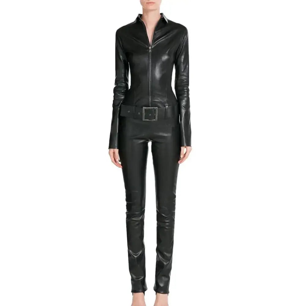Black Women’s Designer Leather Jumpsuit with Belted Waist - Riders Republic UK