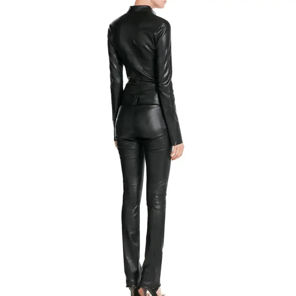 Black Women’s Designer Leather Jumpsuit with Belted Waist - Riders Republic UK