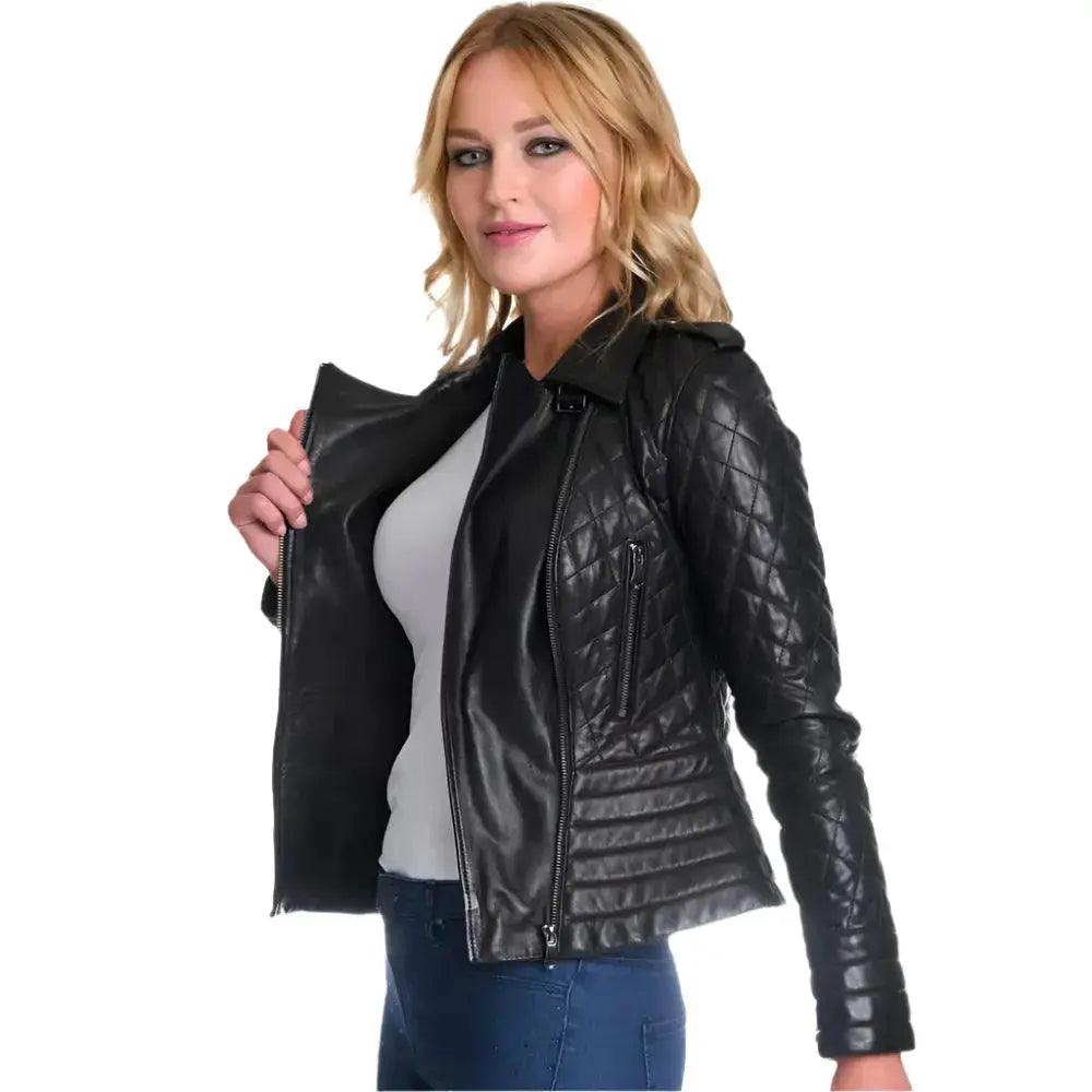 Black Womens Motorbike Leather Jacket - Riders Republic UK