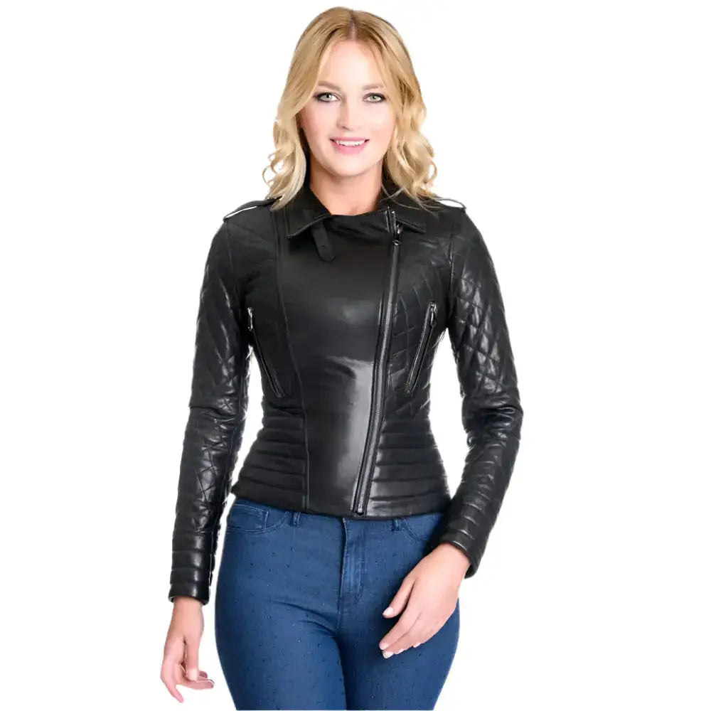 Black Womens Motorbike Leather Jacket - Riders Republic UK