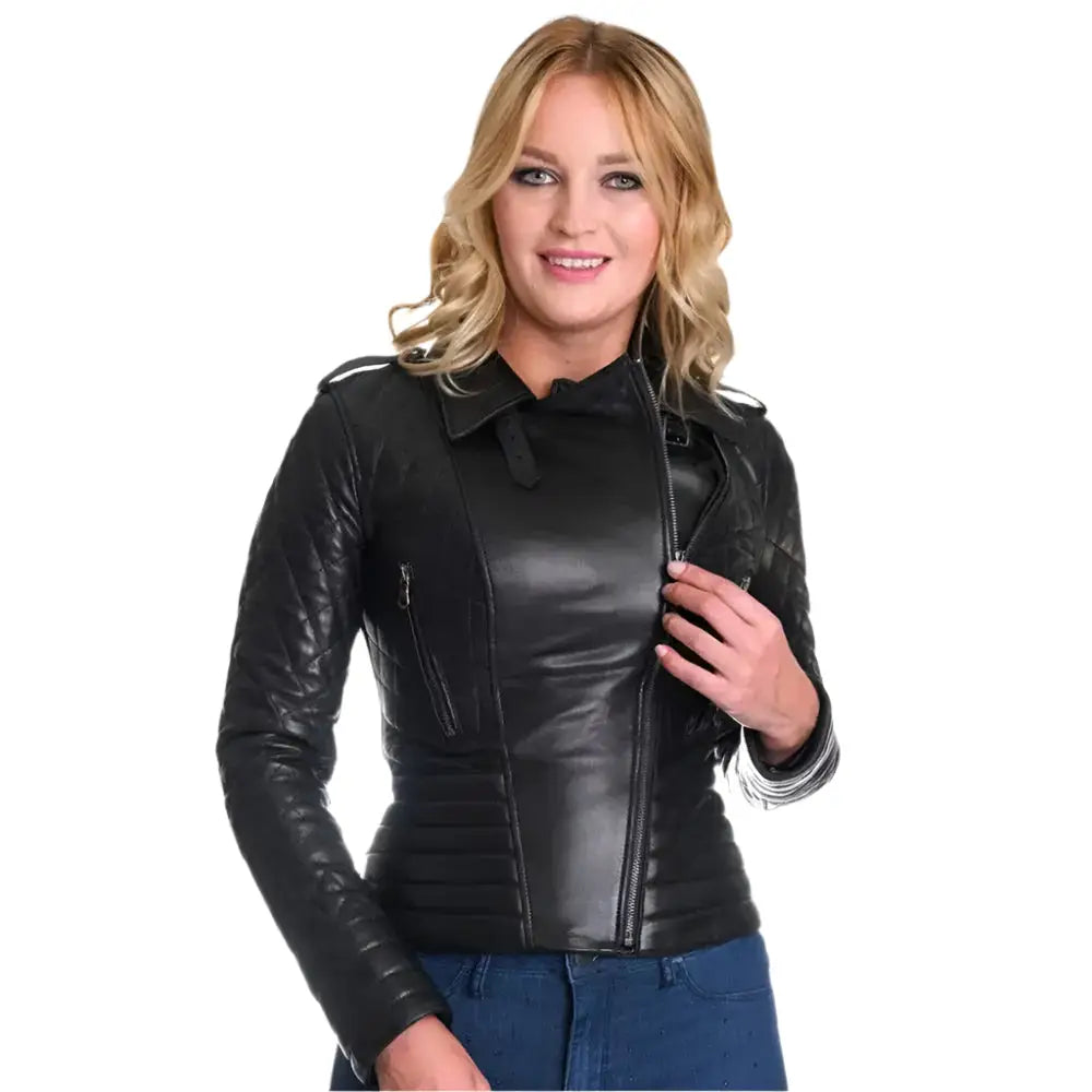 Black Womens Motorbike Leather Jacket - Riders Republic UK