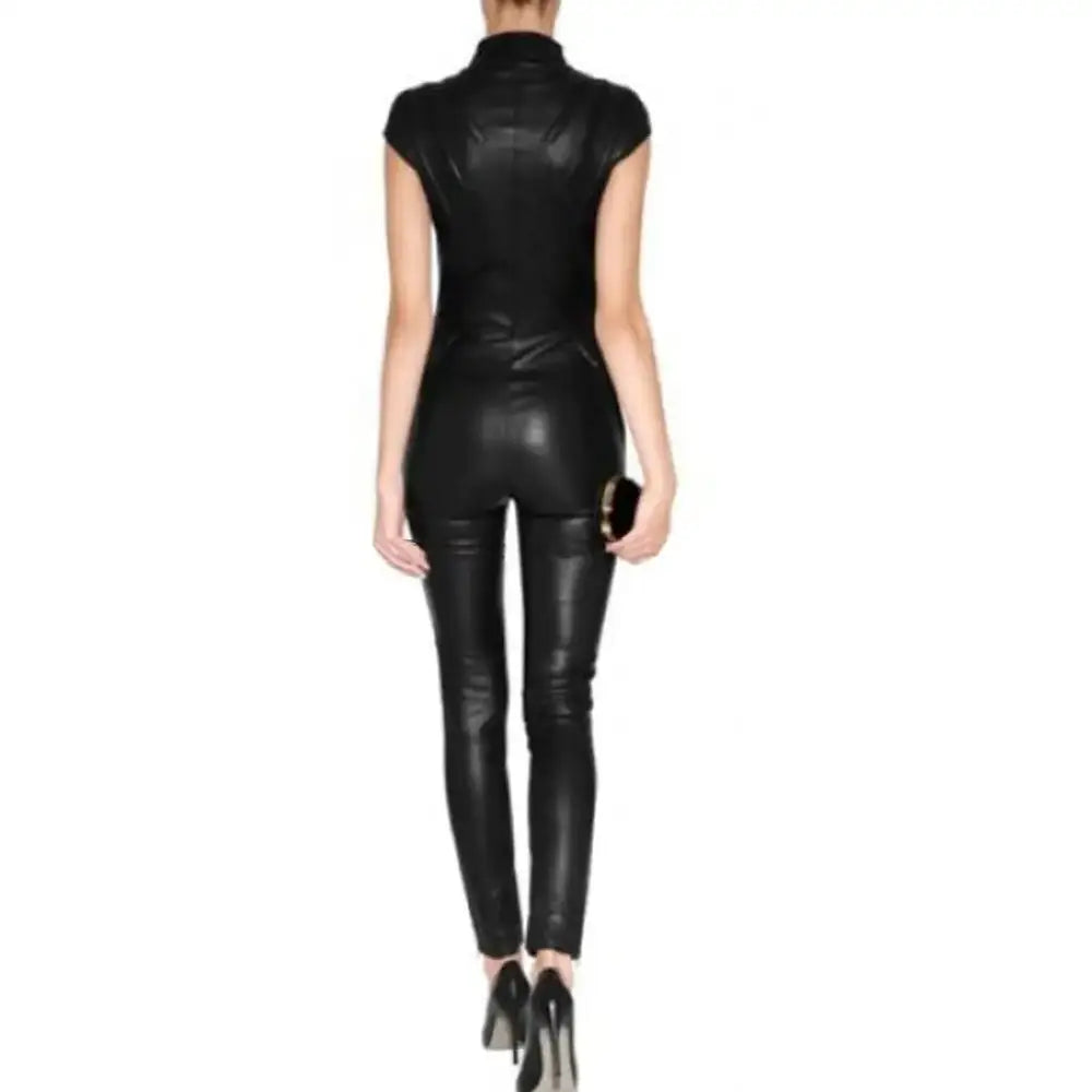 Black Women’s Short Sleeves Leather Jumpsuit - Riders Republic UK
