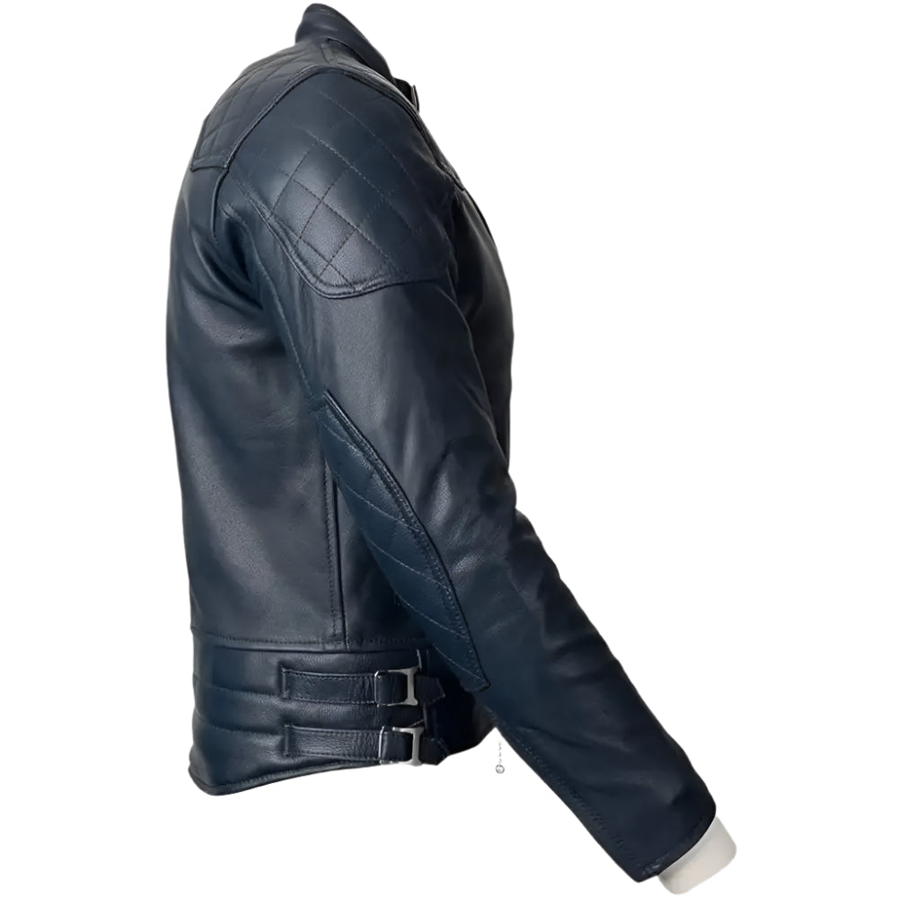 Mens Blue Motorcycle Leather Jacket Gold Top Design - Riders Republic UK