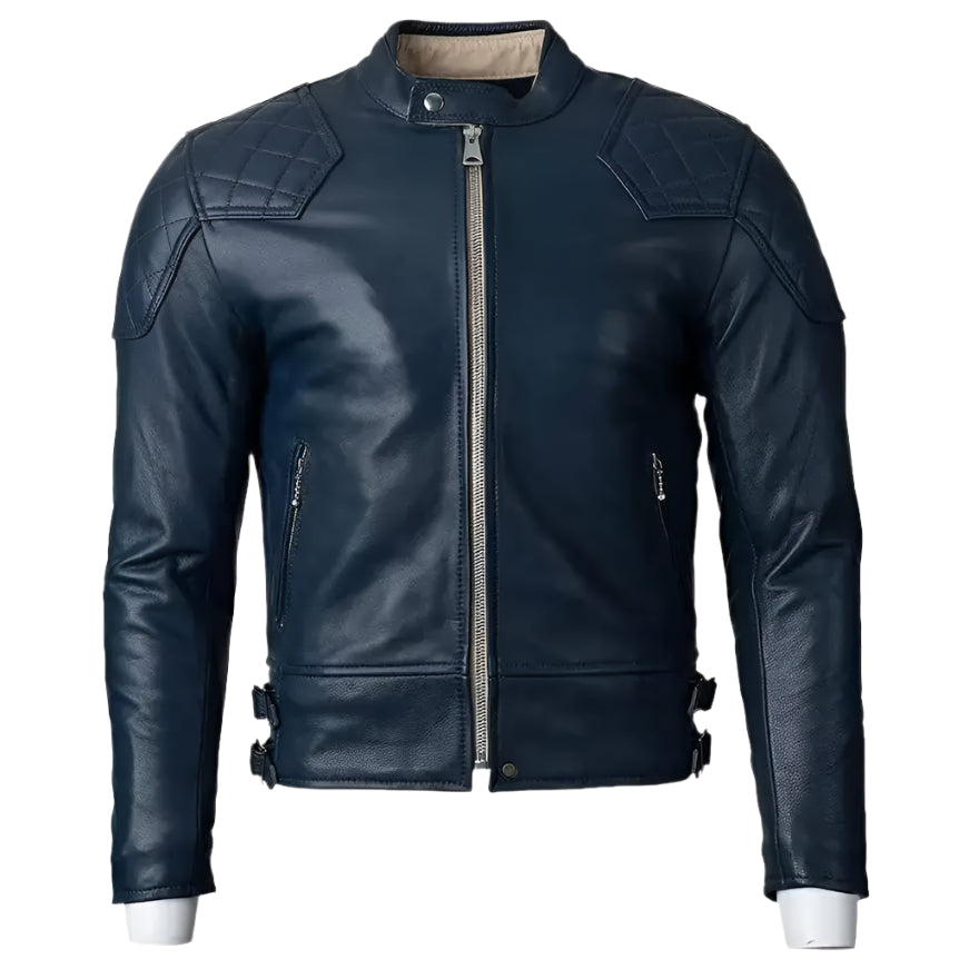 Mens Blue Motorcycle Leather Jacket Gold Top Design - Riders Republic UK