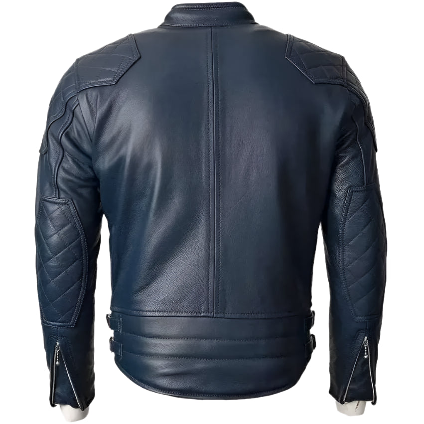 Mens Blue Motorcycle Leather Jacket Gold Top Design - Riders Republic UK