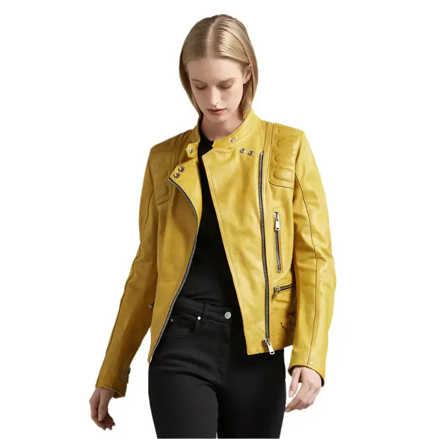 Bright Yellow Women’s Leather Biker Jacket - Riders Republic UK