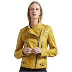 Bright Yellow Women’s Leather Biker Jacket - Riders Republic UK