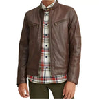 Mens Brown Leather Moto Biker Jacket - Riders Republic UK