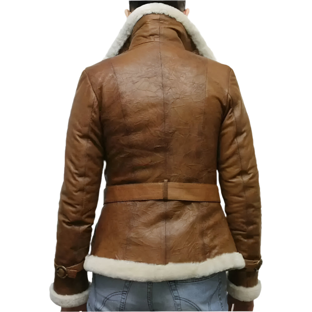 Womens Brown Aviator Shearling Leather Jacket - Riders Republic UK