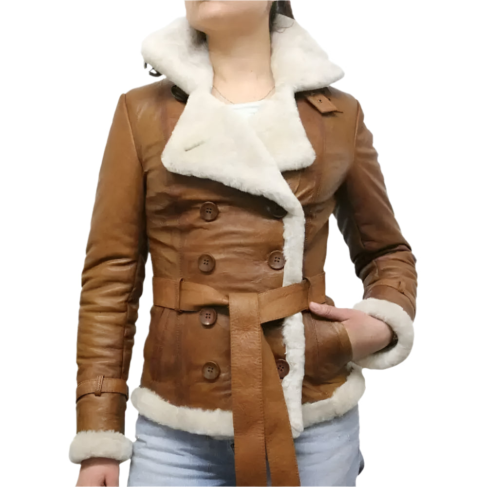 Womens Brown Aviator Shearling Leather Jacket - Riders Republic UK