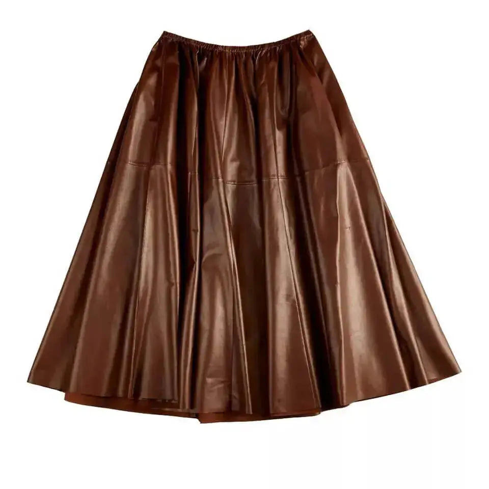 Brown Real Leather A-Line Flare Midi Skirt - Riders Republic UK