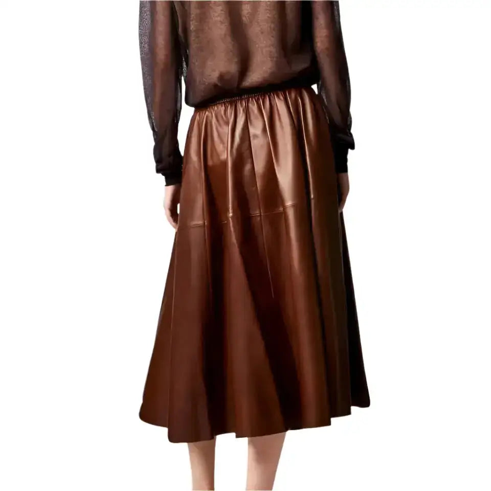 Brown Real Leather A-Line Flare Midi Skirt - Riders Republic UK