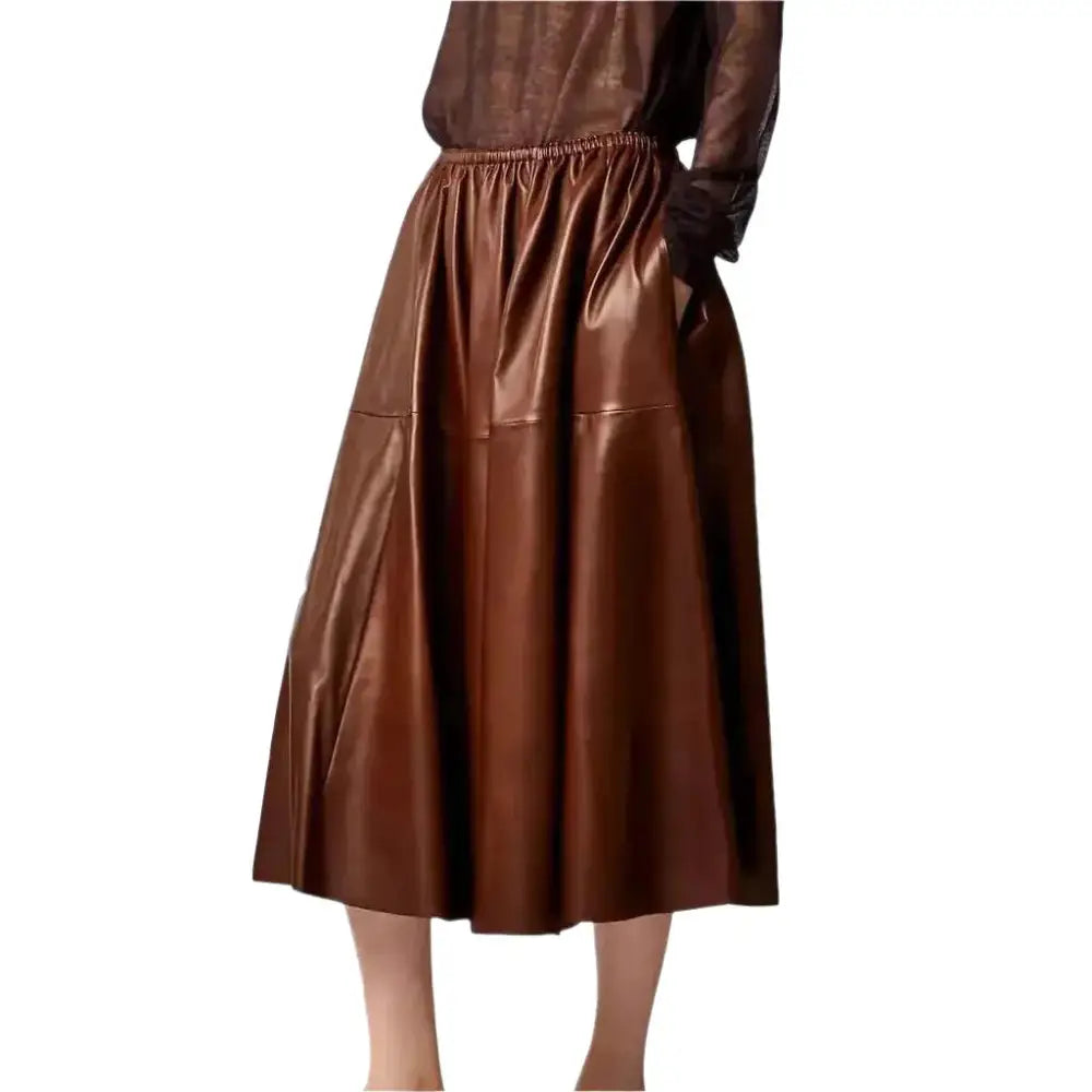 Brown Real Leather A-Line Flare Midi Skirt - Riders Republic UK