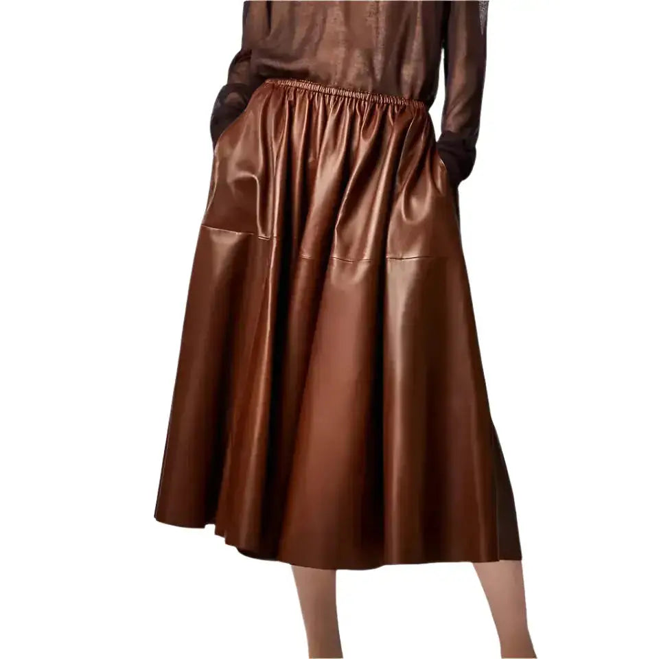 Brown Real Leather A-Line Flare Midi Skirt - Riders Republic UK