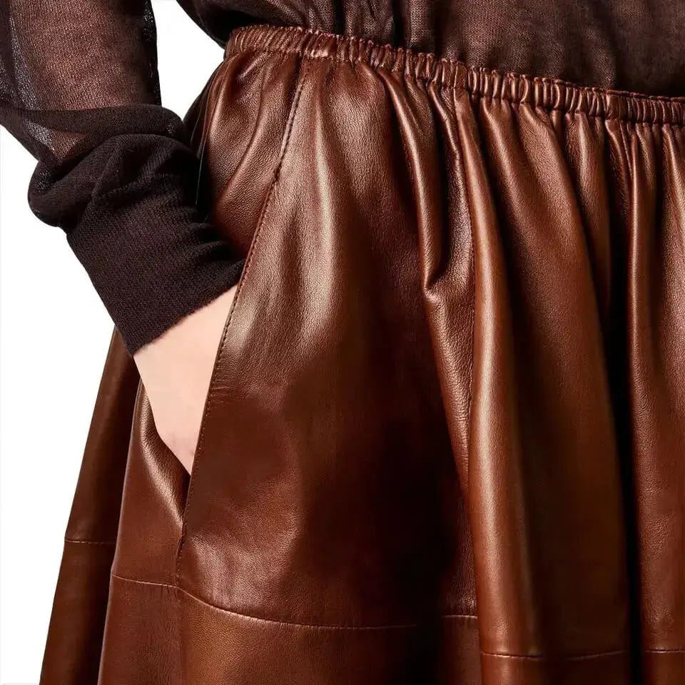Brown Real Leather A-Line Flare Midi Skirt - Riders Republic UK
