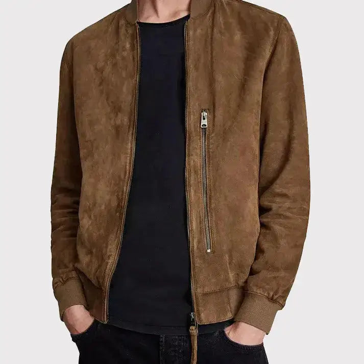 Mens Brown Suede Leather Bomber Jacket - Riders Republic UK